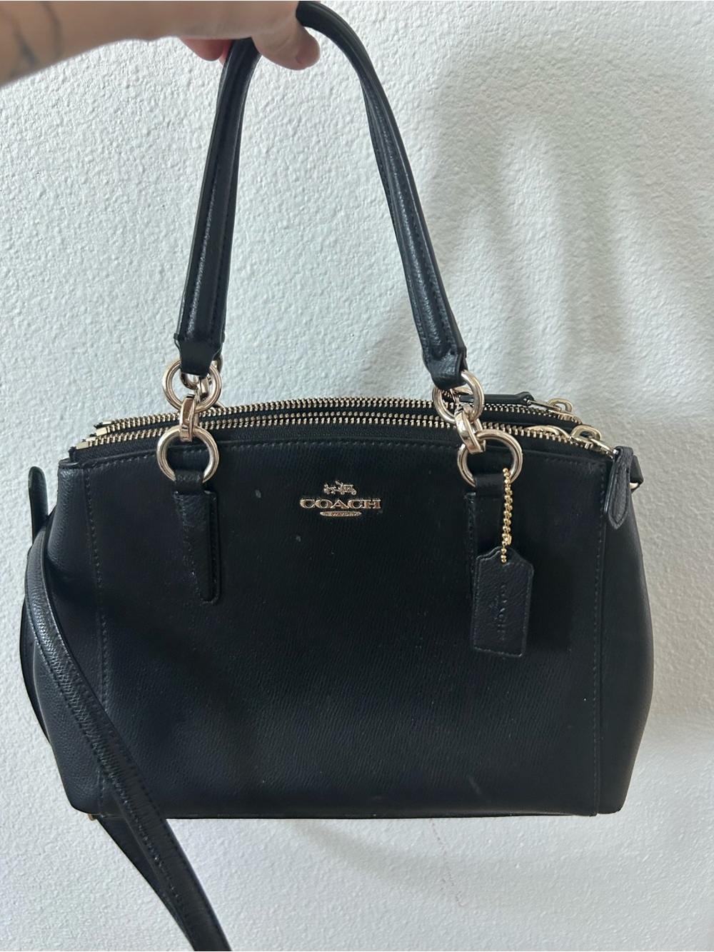 Coach Black Leather Double-Zip Satchel with Gold Hardware